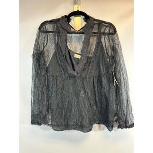 NWT Altar’d State Slate Gray Top Size M Lace Over Cami Sheer V Keyhole Choke D32
